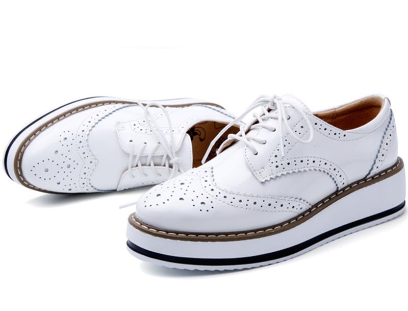 DADAWEN Women's Platform Lace-Up Wingtips Square Toe Oxfords Shoe White US Size 9/Asia Size 41/25.5cm - Image 3